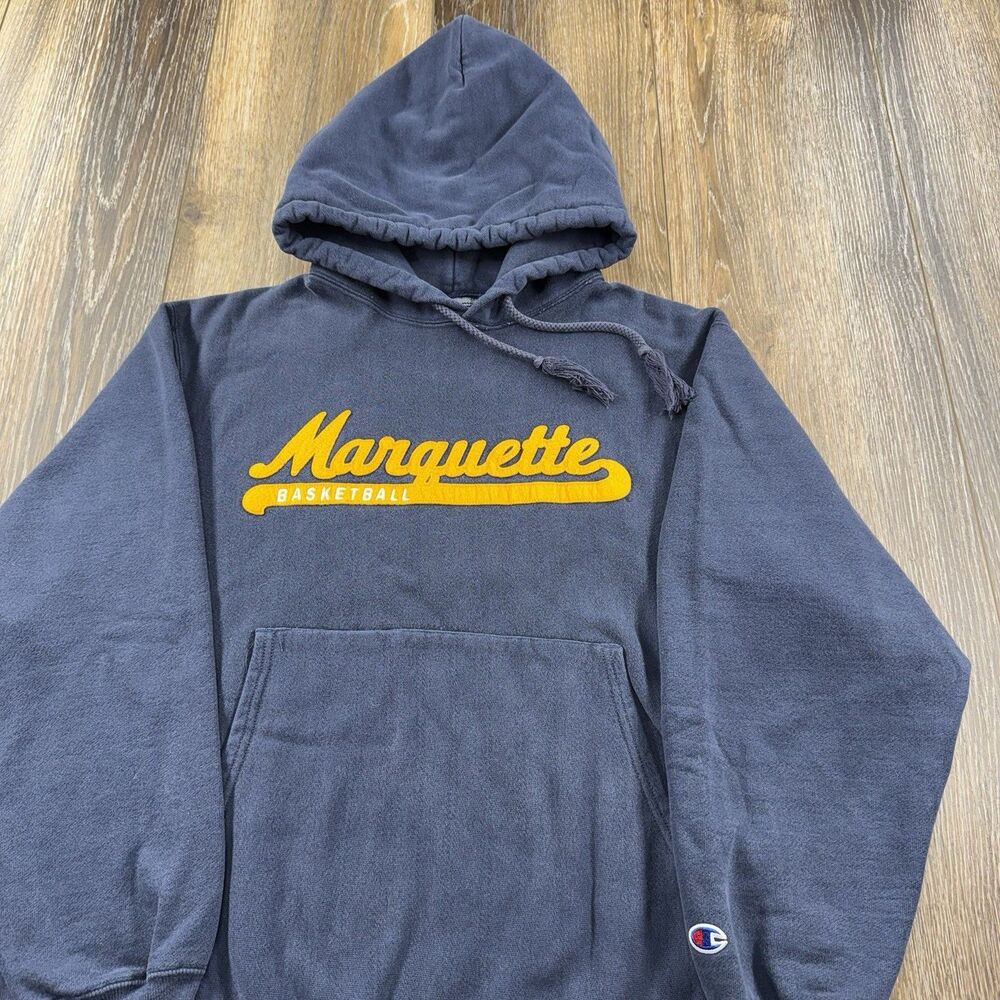 Vintage Marquette Reverse Weave Hoodie Mens L Blue Sweatshirt Basketball Team